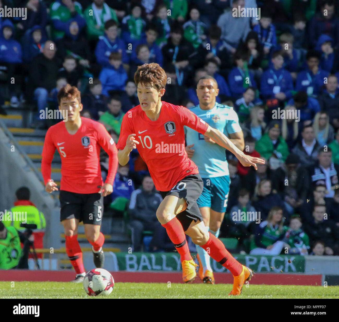 24 March 2018. International Football firendly 2018, Northern Ireland v South Korea at Windsor Park, Belfast. (10) Lee Jae-sung South Korea. Stock Photo