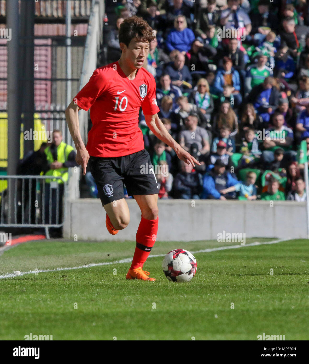24 March 2018. International Football firendly 2018, Northern Ireland v South Korea at Windsor Park, Belfast. (10) Lee Jae-sung South Korea. Stock Photo