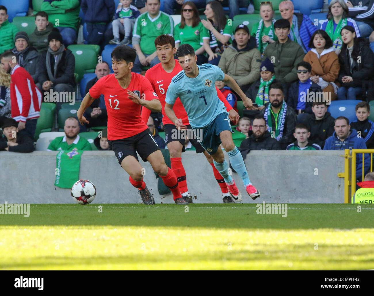24 March 2018. International Football firendly 2018, Northern Ireland v South Korea at Windsor Park, Belfast. (12) Lee Yong South Korea. Stock Photo