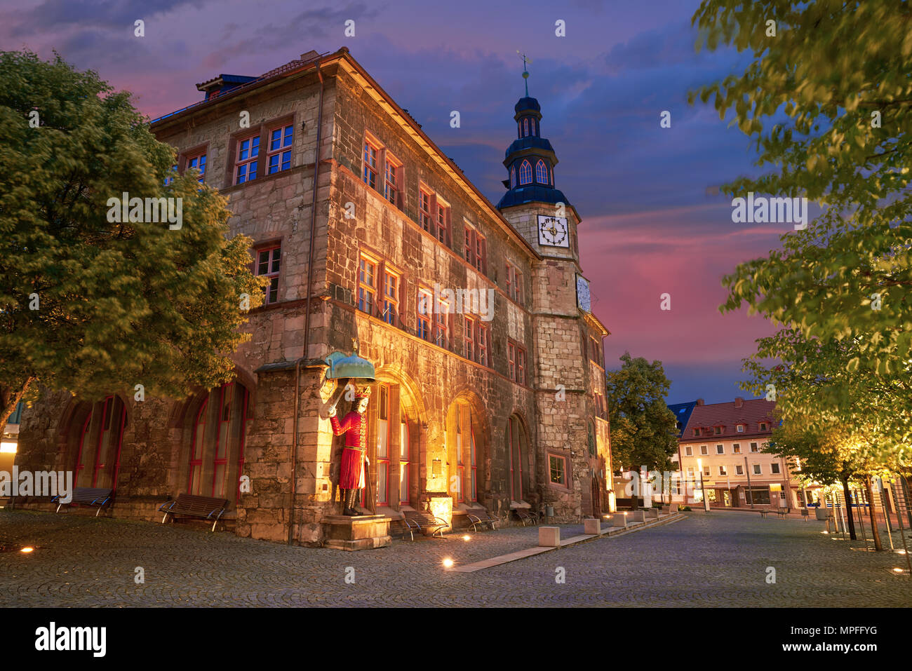 Stadt Nordhausen Rathaus sunset city hall with Roland figure in Thuringia Germany Stock Photo