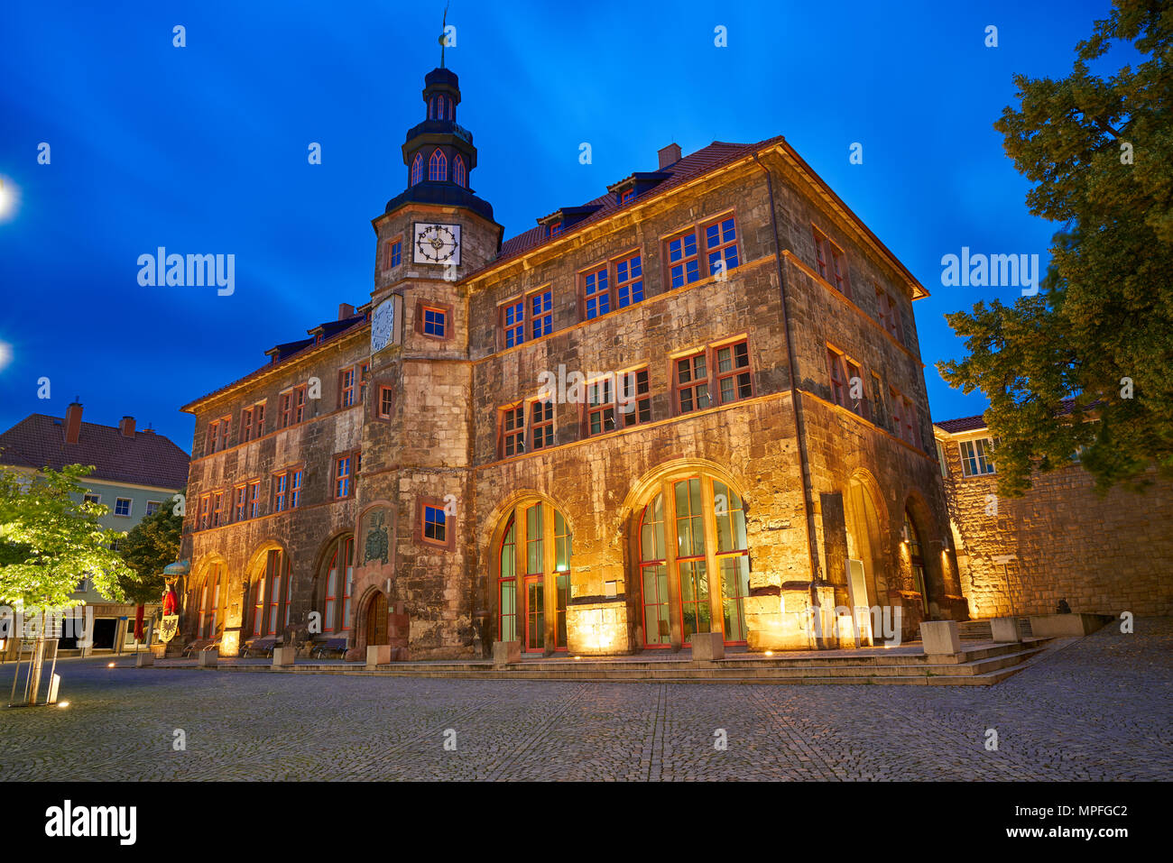 Stadt Nordhausen Rathaus sunset city hall with Roland figure in Thuringia Germany Stock Photo