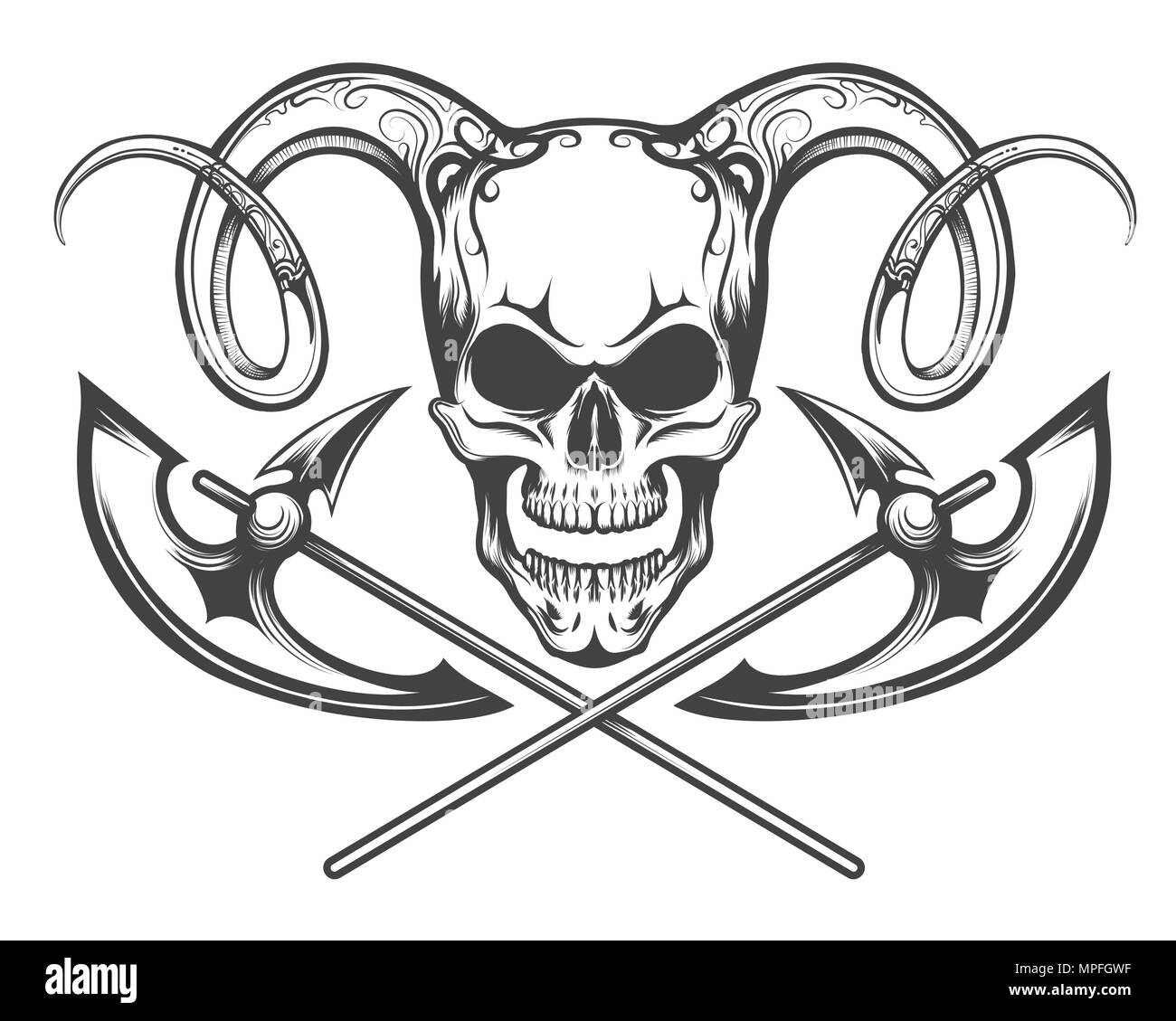 Human Skull with Ram Horns and Battle Axes. Vector illustration drawn in tattoo style. Stock Vector