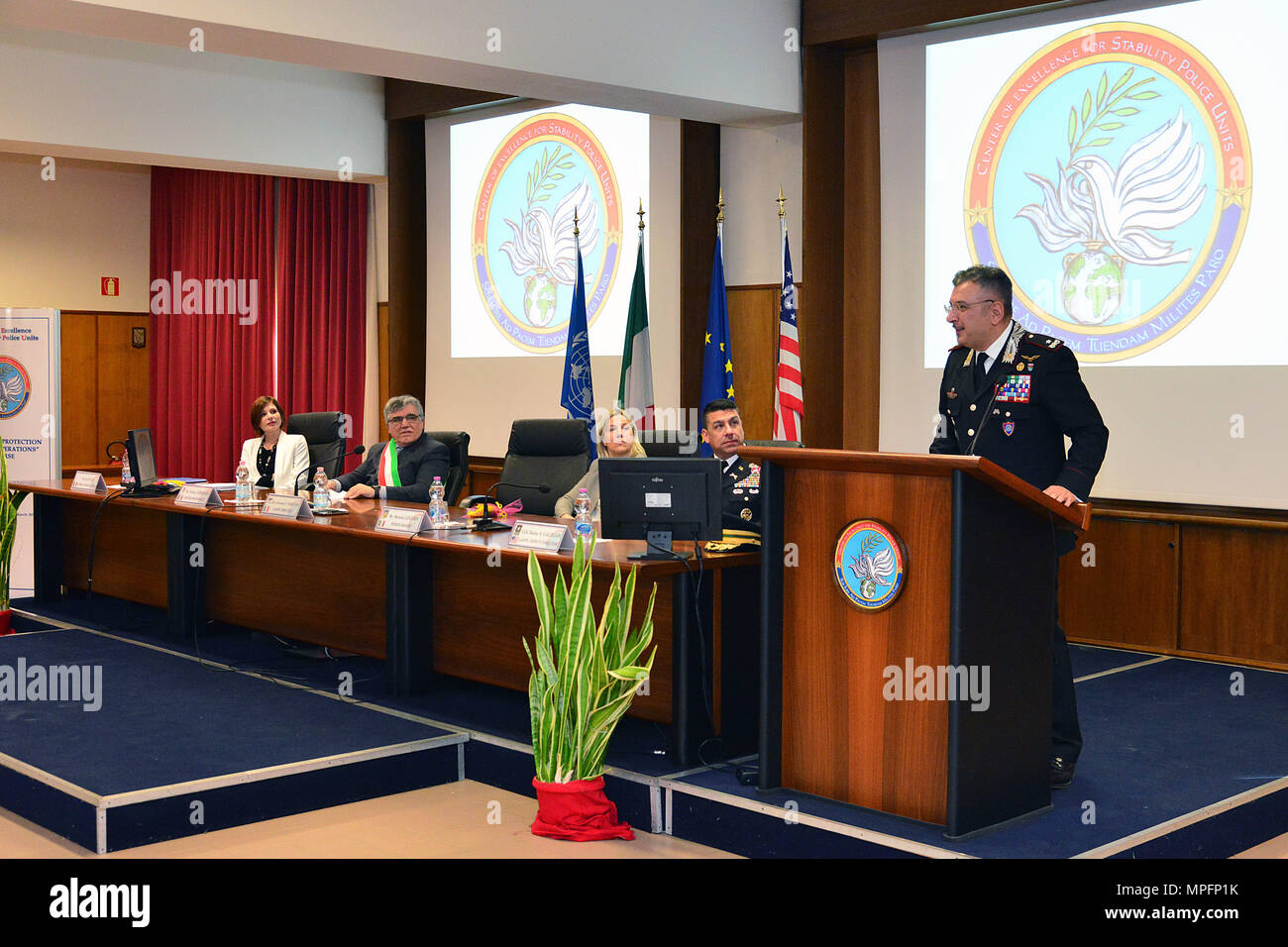 Brig. Gen. Giovanni Pietro Barbano , Center of Excellence for Stability Police Units (CoESPU) director, addresses attendees at the opening ceremony of the 5th “Gender Protection in Peace Operations” Course at the  CoESPU in Vicenza, Italy, Mar. 8, 2017. The event brought together military and civic leaders of the local community and offered the opportunity to celebrate International Women's Day. (U.S. Army Photo by Visual Information Specialist Paolo Bovo/released) Stock Photo
