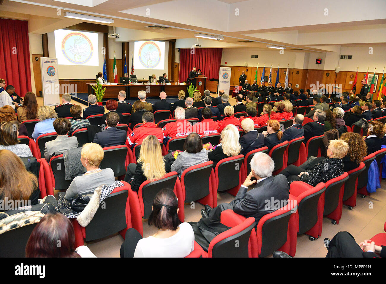Brig. Gen. Giovanni Pietro Barbano , Center of Excellence for Stability Police Units (CoESPU) director, addresses attendees at the opening ceremony of the 5th “Gender Protection in Peace Operations” Course at the  CoESPU in Vicenza, Italy, Mar. 8, 2017. The event brought together military and civic leaders of the local community and offered the opportunity to celebrate International Women's Day. (U.S. Army Photo by Visual Information Specialist Paolo Bovo/released) Stock Photo