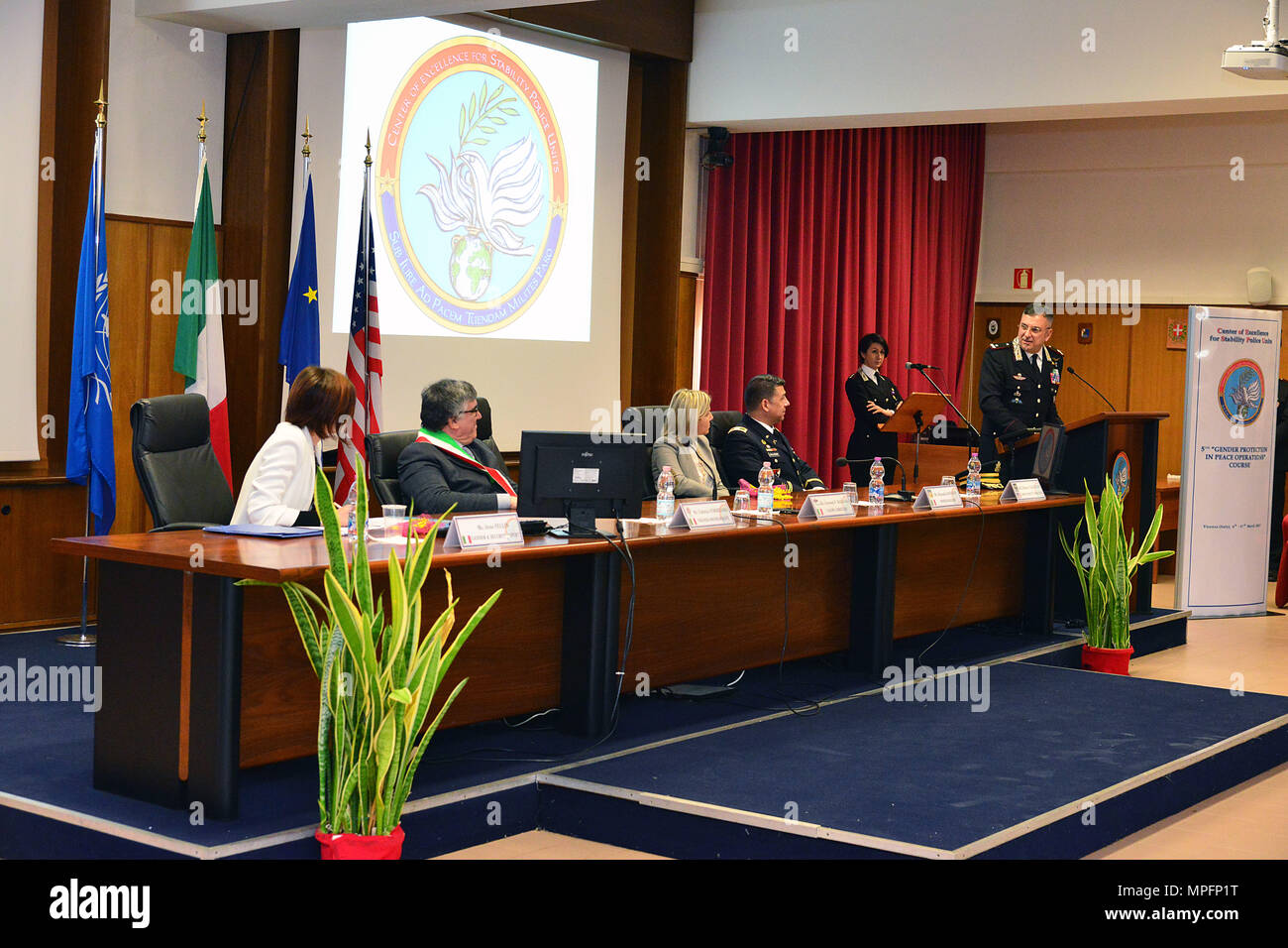 Brig. Gen. Giovanni Pietro Barbano , Center of Excellence for Stability Police Units (CoESPU) director, address attendees of the opening ceremony of the 5th “Gender Protection in Peace Operations” Course at the  CoESPU in Vicenza, Italy, Mar. 8, 2017. The event brought together military and civic leaders of the local community and offered the opportunity to celebrate International Women's Day. (U.S. Army Photo by Visual Information Specialist Paolo Bovo/released) Stock Photo