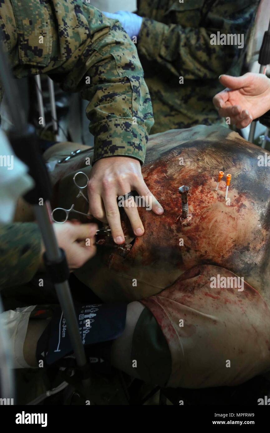 A Sailor makes an incision into a cut suit, a thick suit that resembles a chest while protecting the person wearing it, during Naval Medical Augmentation Program training at Camp Lejeune, N.C., Feb. 27-March 2. NMAP is a realistic training scenario designed to refresh and maintain Sailors’ skills on resource management and communication, especially in a deployed environment. The Sailors are with 2nd Medical Battalion. (U.S. Marine Corps photo by Cpl. Ashley Lawson) Stock Photo