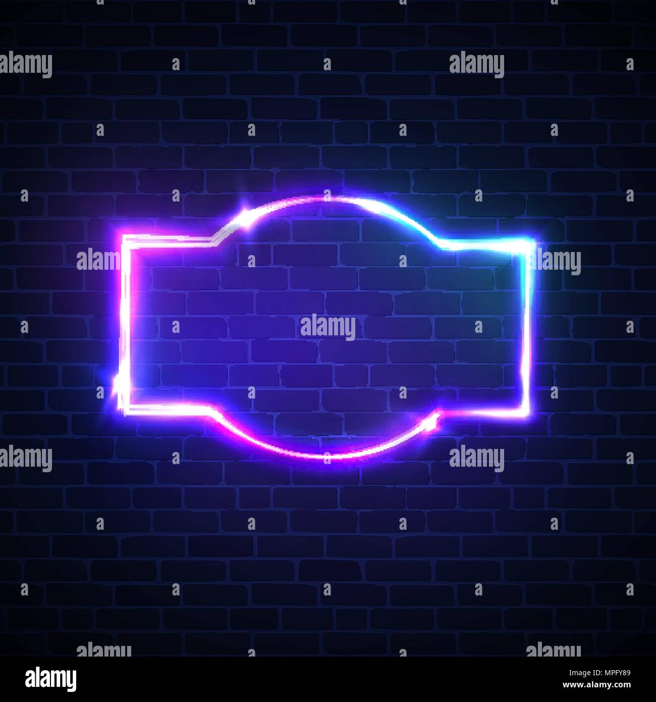 Disco show advertising street signage with glowing on brick texture. Night club neon sign on brick wall background. Blank 3d retro frame with shining neon lights. Color vector illustration in 80 style Stock Vector