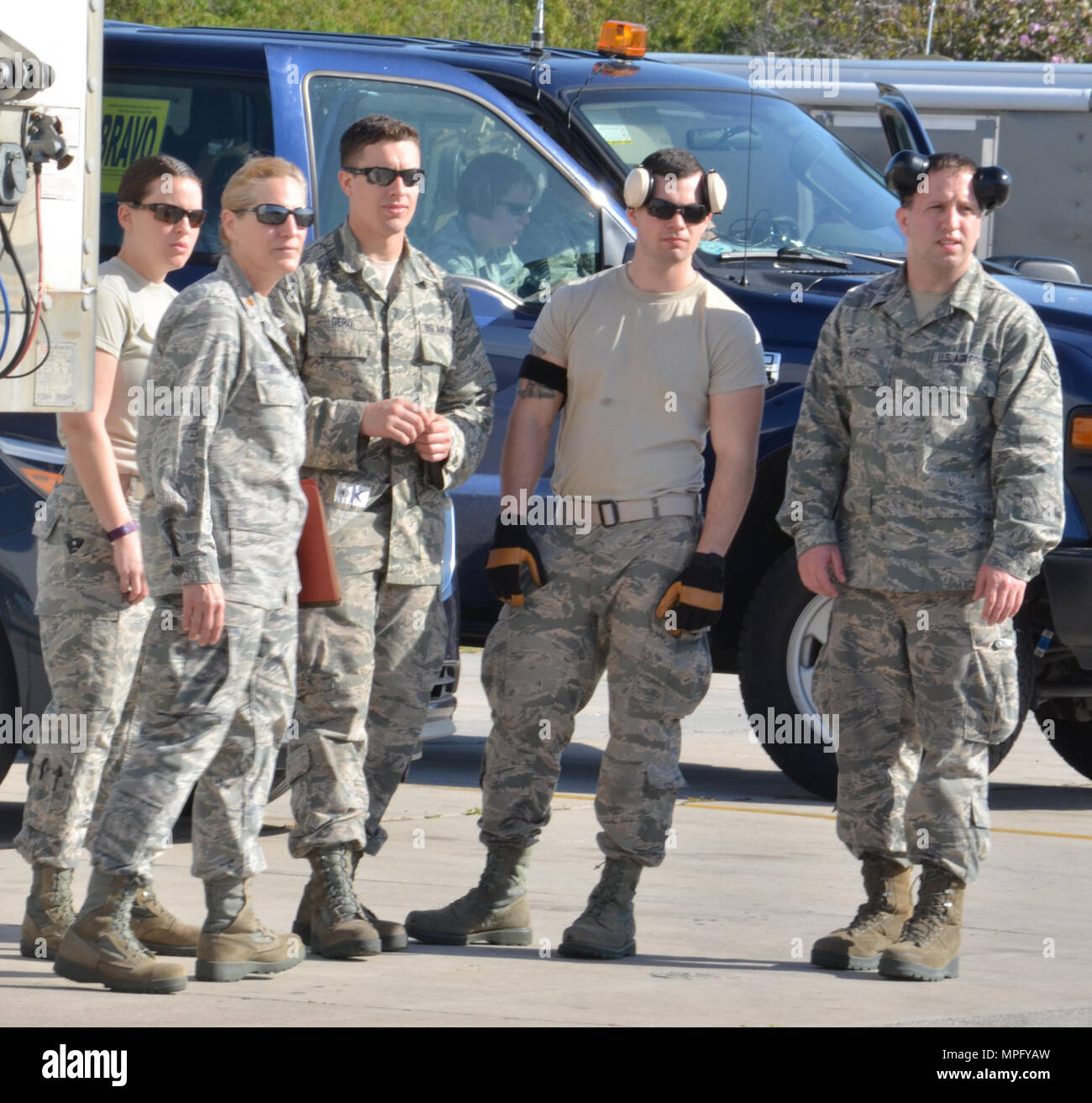 Airlift control flight members prepare to handle another mission March 8,  2017 during Patriot Sands. From left: Master Sgt. Tawny Lanati, Maj. Shirley  Whitney (439th ALCF commander), Staff Sgt. Rich Gero, and