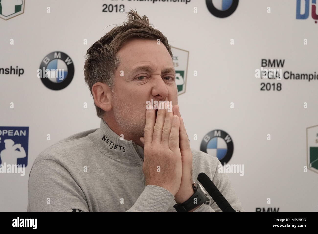 Wentworth Club, Surrey, UK., 23rd May, 2018  Ian Poulter (Eng) addresses the press prior to his two week stint in Europe and this week at the BMW.PGA golf Championship. Credit: Motofoto/Alamy Live News Stock Photo