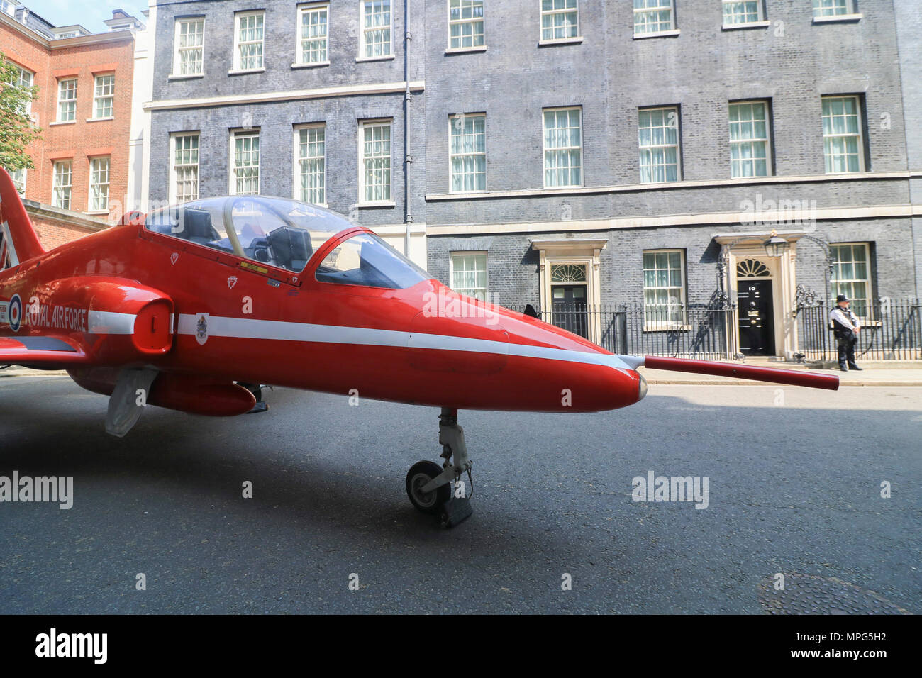 London UK. 23rd May 2018. A replica Red Arrows Hawk airplane used for ...