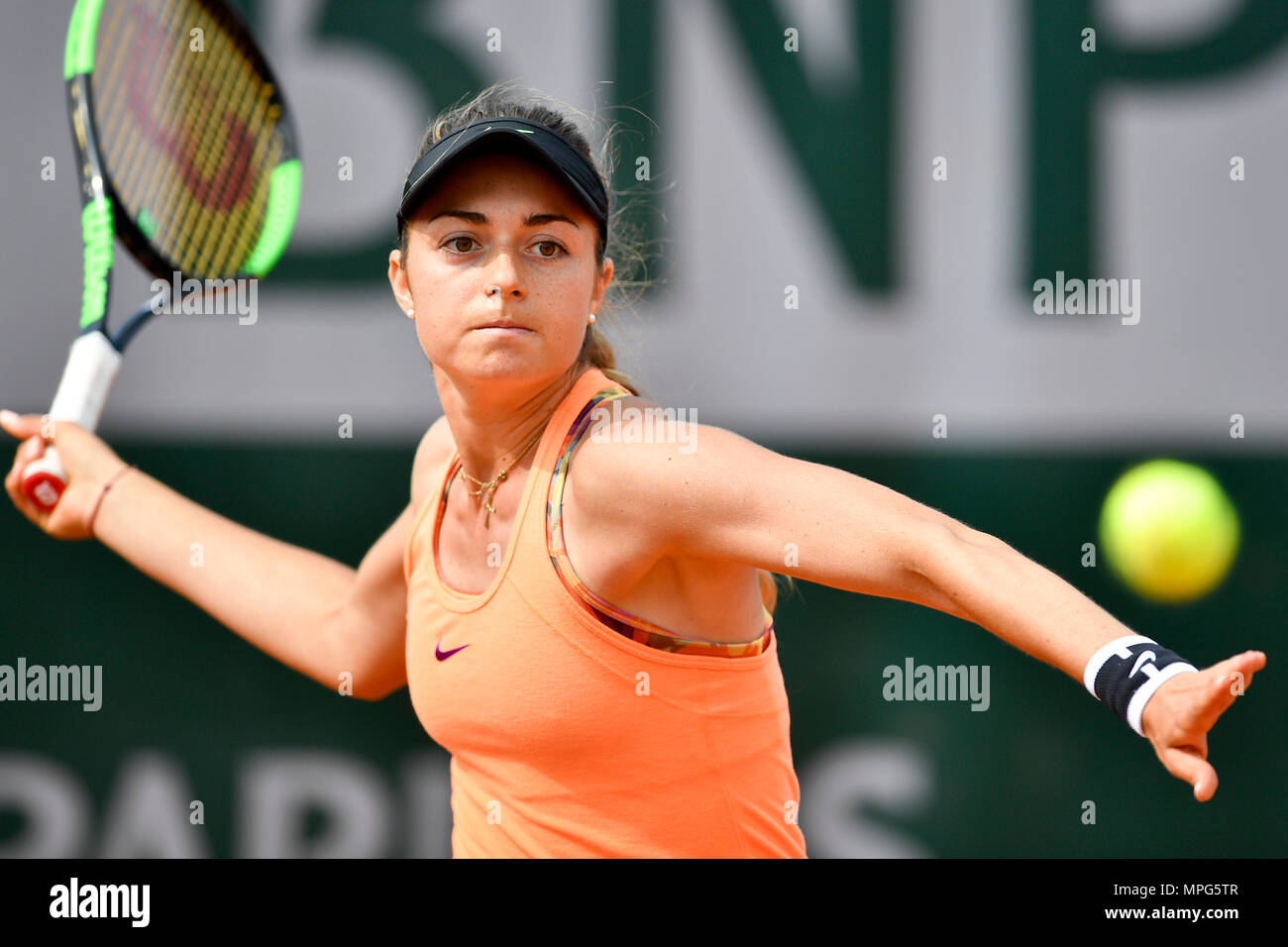 Paris, France. 23rd May, 2018. Margot Yerolymos of France returns the ball  to Lu Jiajing of China during the women's singles Qualification 1st round  match of French Open in Paris, France on