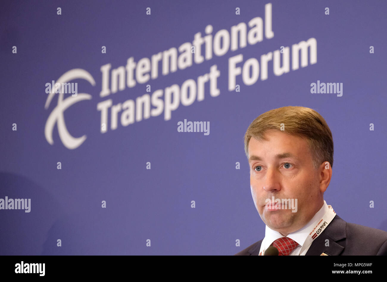 23 May 2018, Germany, Leipzig: Uldis Augulis, Latvian Transport Minister and President of the International Transport Forum (ITF), speaks at a press conference. Around 1000 experts are attending the ITF this year. Photo: Sebastian Willnow/dpa-Zentralbild/dpa Stock Photo