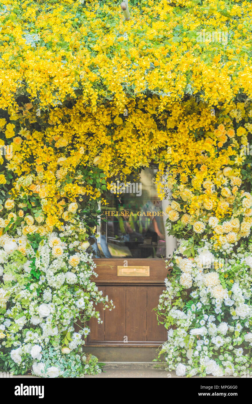 London, UK. 23rd May 2018. The Ivy Chelsea Garden branch in the Kings Road is covered in flowers as part of Chelsea in Bloom and the Chelsea fringe - The RHS Chelsea Flower Show at the Royal Hospital, Chelsea. Credit: Guy Bell/Alamy Live News Stock Photo