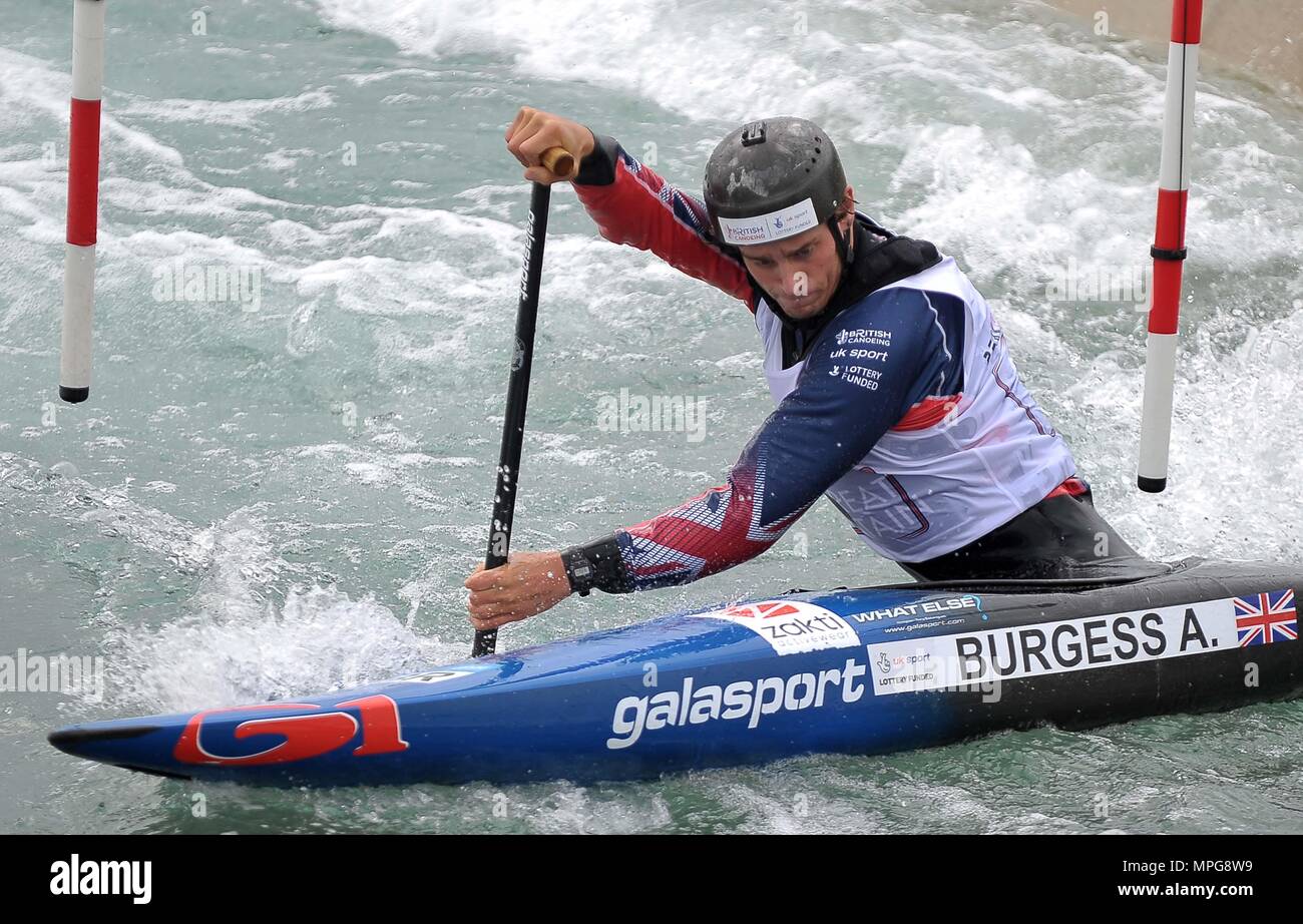 Waltham Cross, Hertfordshire, UK. 23rd May 2018. Adam Burgess (2015 U23 World Champion C1M) during race simulations. Canoe Slalom media day prior to the start of the 2018 international season. Lee Valley White Water Centre. Waltham Cross. Hertfordshire. UK. 23/05/2018. Credit: Sport In Pictures/Alamy Live News Credit: Sport In Pictures/Alamy Live News Stock Photo