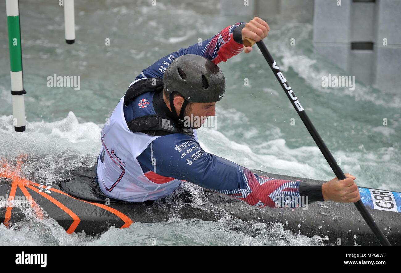 Waltham Cross, Hertfordshire, UK. 23rd May 2018. Ryan Westley (2015 World Bronze medallist C1M) during race simulations. Canoe Slalom media day prior to the start of the 2018 international season. Lee Valley White Water Centre. Waltham Cross. Hertfordshire. UK. 23/05/2018. Credit: Sport In Pictures/Alamy Live News Credit: Sport In Pictures/Alamy Live News Stock Photo