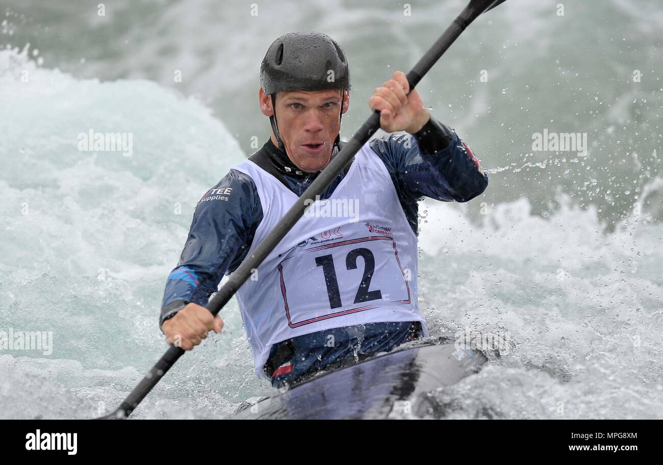 Waltham Cross, Hertfordshire, UK. 23rd May 2018. Huw Swetnam (K1M) during race simulations. Canoe Slalom media day prior to the start of the 2018 international season. Lee Valley White Water Centre. Waltham Cross. Hertfordshire. UK. 23/05/2018. Credit: Sport In Pictures/Alamy Live News Credit: Sport In Pictures/Alamy Live News Stock Photo