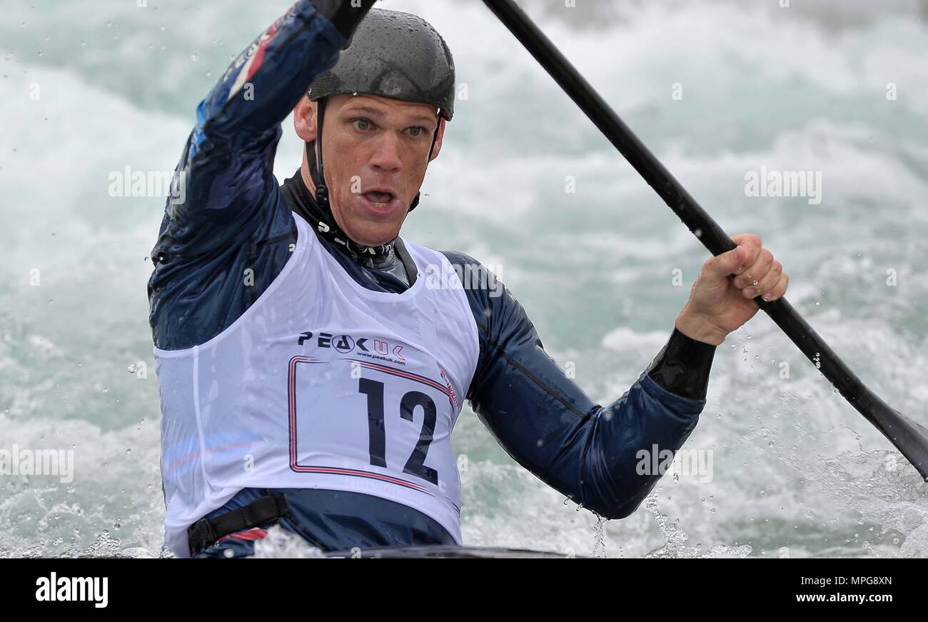 Waltham Cross, Hertfordshire, UK. 23rd May 2018. Huw Swetnam (K1M) during race simulations. Canoe Slalom media day prior to the start of the 2018 international season. Lee Valley White Water Centre. Waltham Cross. Hertfordshire. UK. 23/05/2018. Credit: Sport In Pictures/Alamy Live News Credit: Sport In Pictures/Alamy Live News Stock Photo