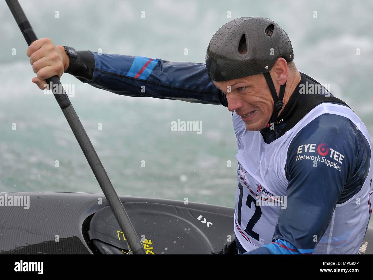 Waltham Cross, Hertfordshire, UK. 23rd May 2018. Huw Swetnam (K1M) during race simulations. Canoe Slalom media day prior to the start of the 2018 international season. Lee Valley White Water Centre. Waltham Cross. Hertfordshire. UK. 23/05/2018. Credit: Sport In Pictures/Alamy Live News Credit: Sport In Pictures/Alamy Live News Stock Photo