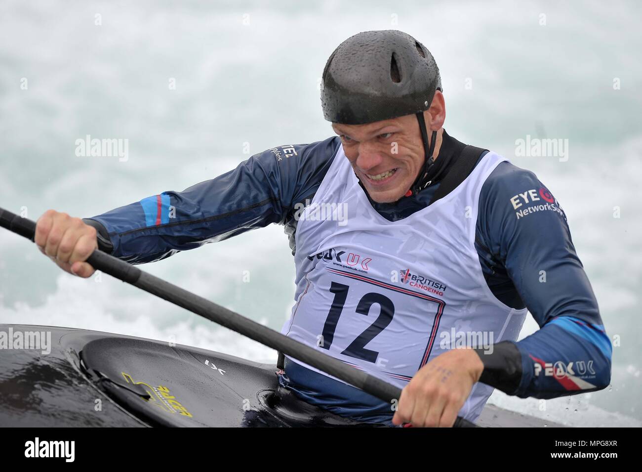 Waltham Cross, Hertfordshire, UK. 23rd May 2018. Huw Swetnam (K1M) during race simulations. Canoe Slalom media day prior to the start of the 2018 international season. Lee Valley White Water Centre. Waltham Cross. Hertfordshire. UK. 23/05/2018. Credit: Sport In Pictures/Alamy Live News Credit: Sport In Pictures/Alamy Live News Stock Photo
