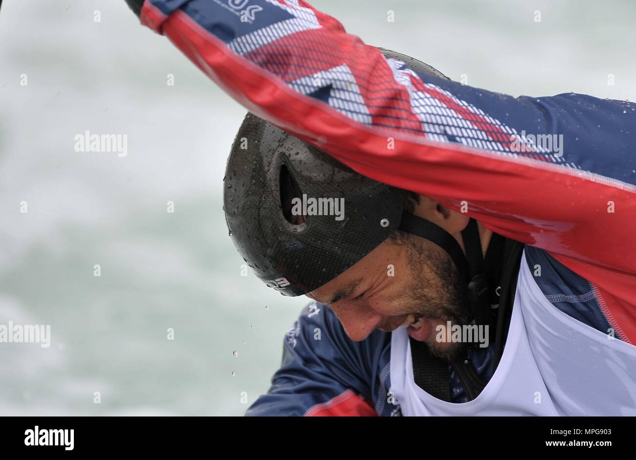 Waltham Cross, Hertfordshire, UK. 23rd May 2018. Ryan Westley (2015 World Bronze medallist C1M) during race simulations. Canoe Slalom media day prior to the start of the 2018 international season. Lee Valley White Water Centre. Waltham Cross. Hertfordshire. UK. 23/05/2018. Credit: Sport In Pictures/Alamy Live News Credit: Sport In Pictures/Alamy Live News Stock Photo