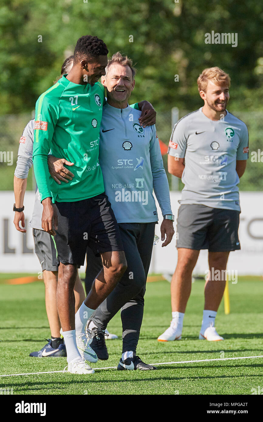 Bad Ragaz, Switzerland. 23rd May 2018. Assistant coach directs the players  of the national football team from Saudi Arabia during a training session  on the sports field Ri-Au in Bad Ragaz. The