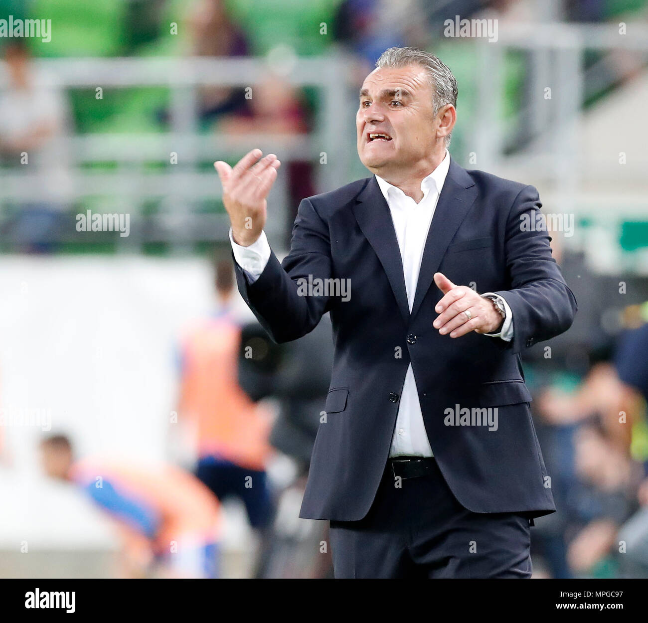 Budapest, Hungary. 23rd May, 2018. Head coach Attila Pinter of Puskas  Akademia FC reacts during the Hungarian Cup Final match between Puskas  Akademia FC and Ujpest FC at Groupama Arena on May