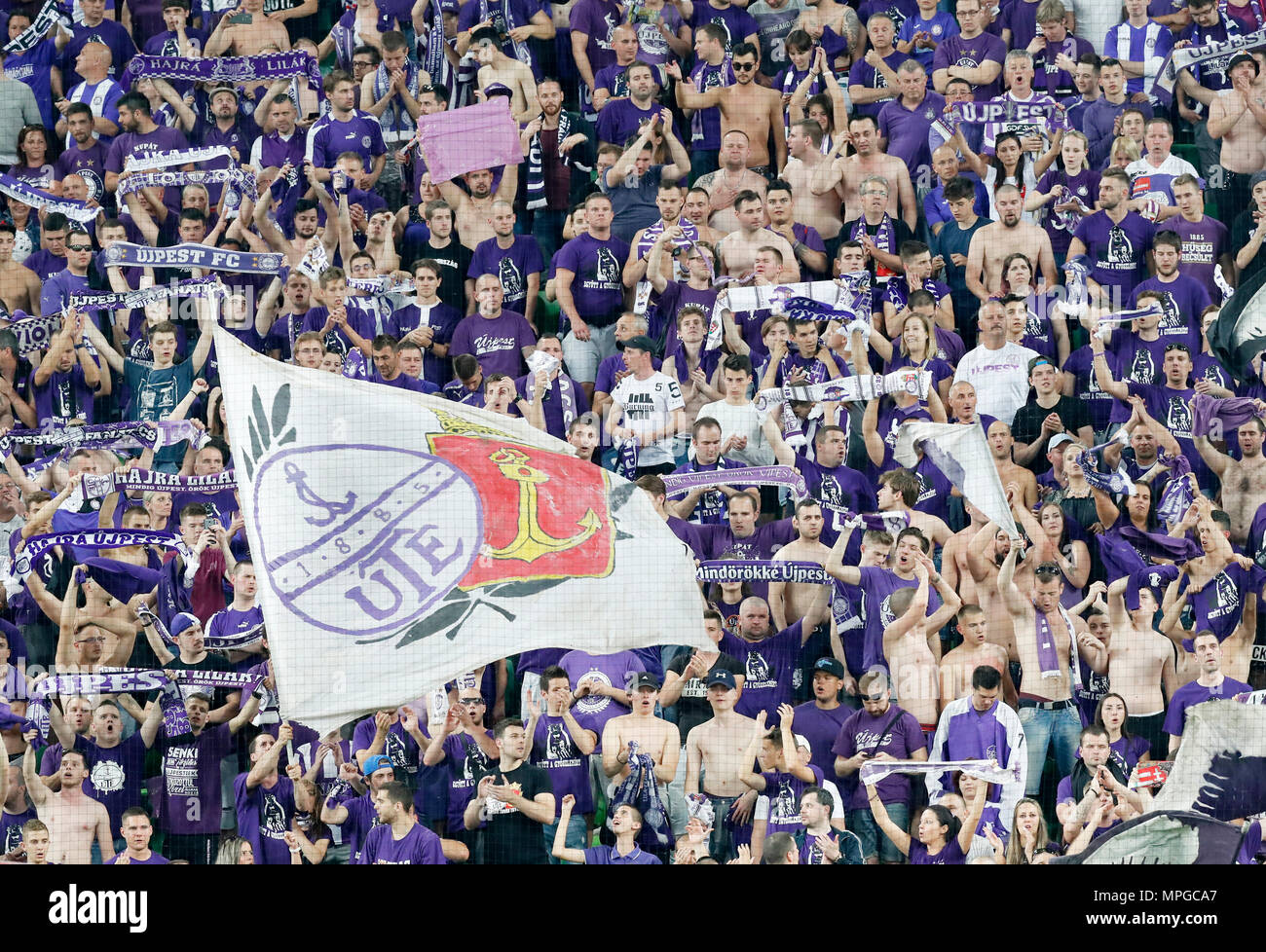 Budapest, Hungary. 23rd May, 2018. Ultra fans of Ujpest FC celebrate the  victory during the Hungarian Cup Final match between Puskas Akademia FC and  Ujpest FC at Groupama Arena on May 23,