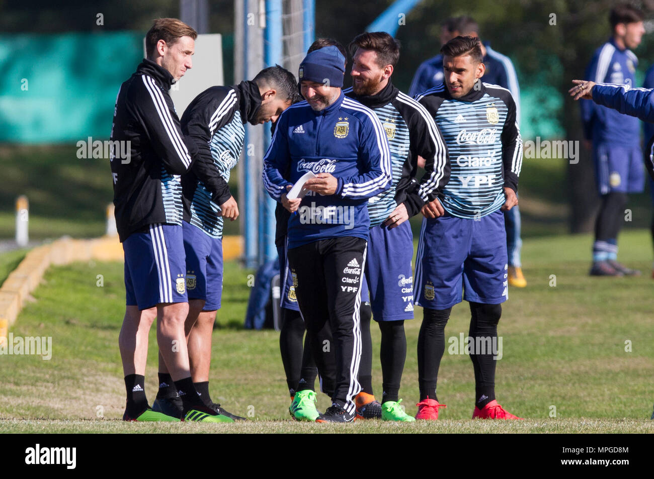Ezeiza, Argentina. 23rd May, 2018. Lucas Biglia, Sergio Aguero, head coach Jorge Sampaoli, Lionel Messi and Giovani Lo Celso (L-R) of Argentina's national soccer team participate in a training session before the Russia 2018 FIFA World Cup finals in Ezeiza, Argentina, on May 23, 2018. Credit: Martin Zabala/Xinhua/Alamy Live News Stock Photo