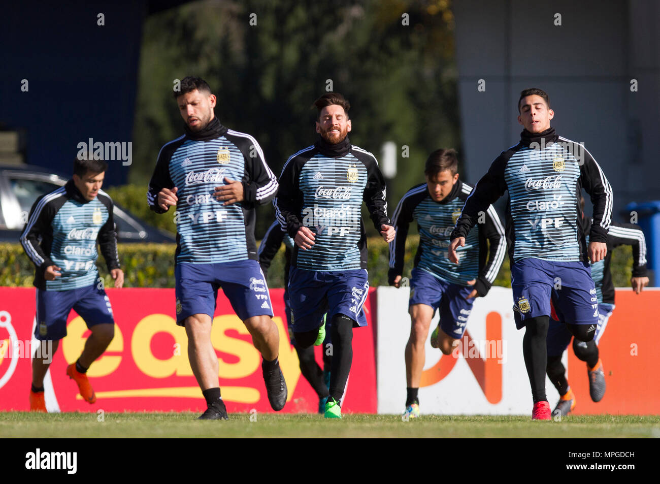 Ezeiza, Argentina. 23rd May, 2018. Giovani Lo Celso, Sergio Aguero, Lionel Messi, Paulo Dybala and Cristian Pavon (L-R) of Argentina's national soccer team take part in a training session before the Russia 2018 FIFA World Cup finals, in Ezeiza, Argentina, on May 23, 2018. Credit: Martin Zabala/Xinhua/Alamy Live News Stock Photo