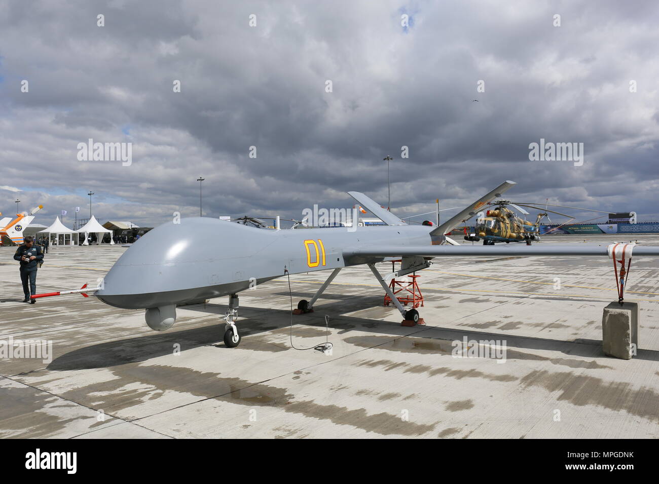 Astana, Kazakhstan. 23rd May, 2018. A Chinese-made military drone is displayed at the Kazakhstan Defense Exhibition in Astana, capital of Kazakhstan, May 23, 2018. Seven Chinese military trade companies took their best products to participate in the exhibition held in Kazakhstan from May 23 to 26. Credit: Aibek Abilov/Xinhua/Alamy Live News Stock Photo