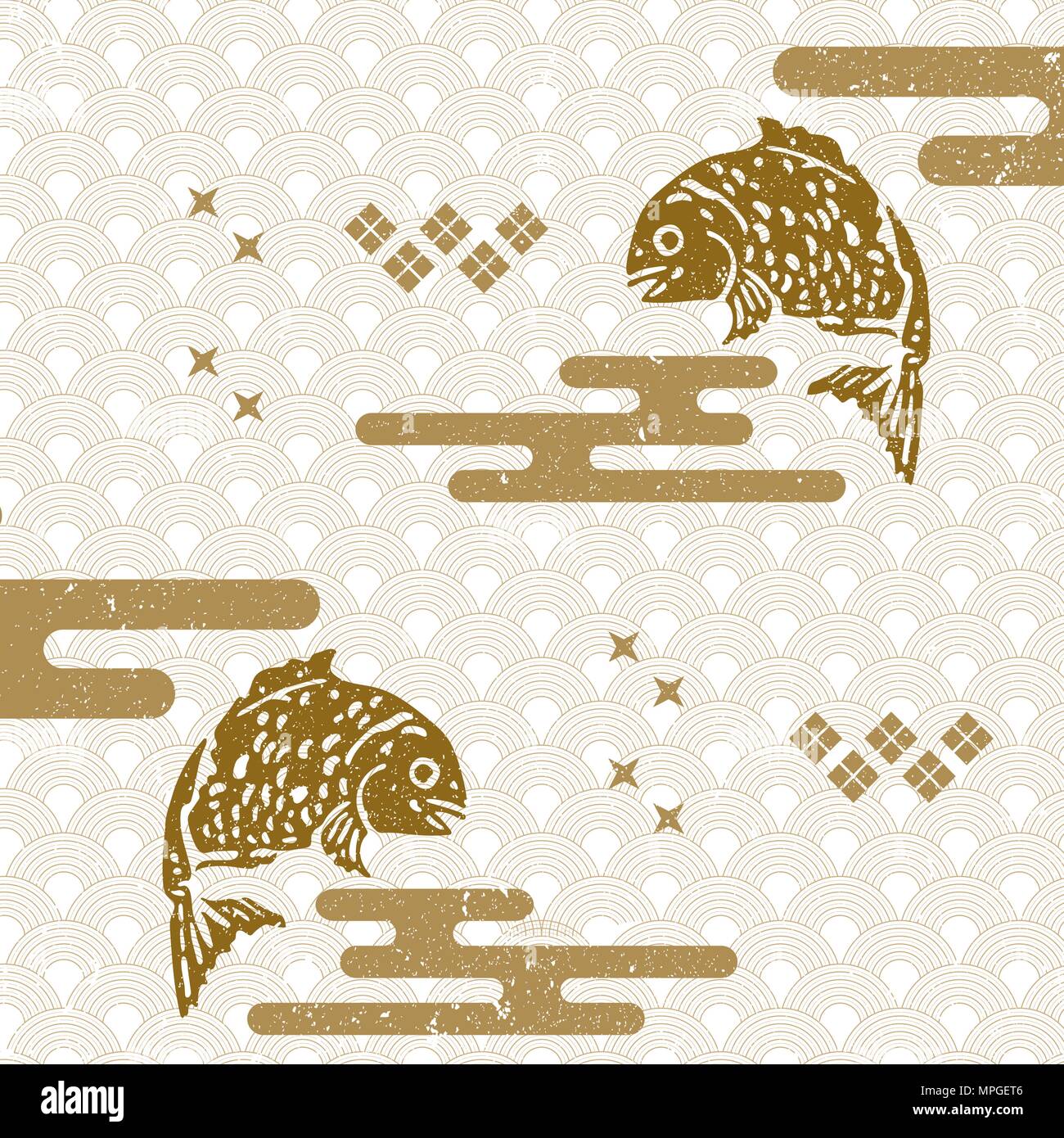 Japanese pattern vector. Gold geometric background. Fish , Wave ...