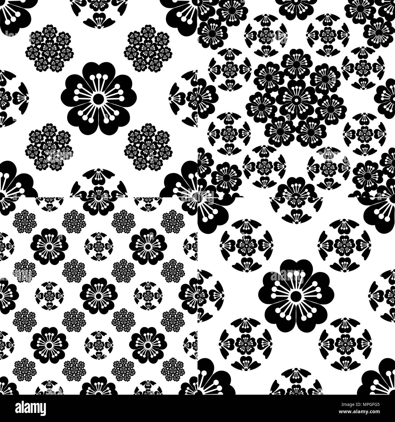 Set Sakura seamless stylized flower, Japanese symbols, black on white