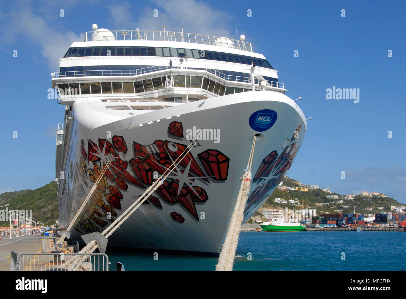 Large cruise ship moored, Philipsburg, St Maarten, Caribbean Stock Photo