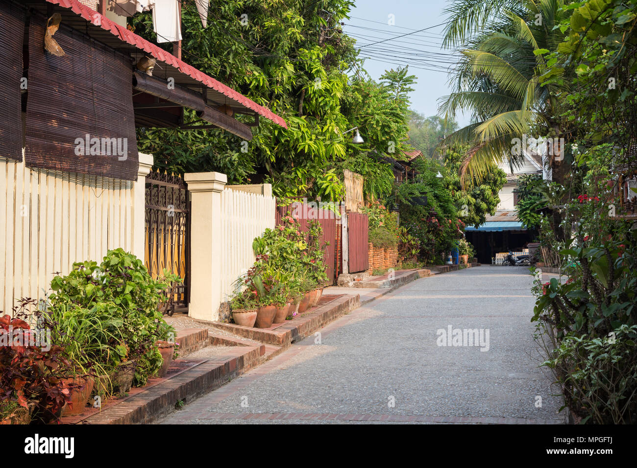 Idyllic side street in Luang Prabang, Laos, on a sunny day. Stock Photo