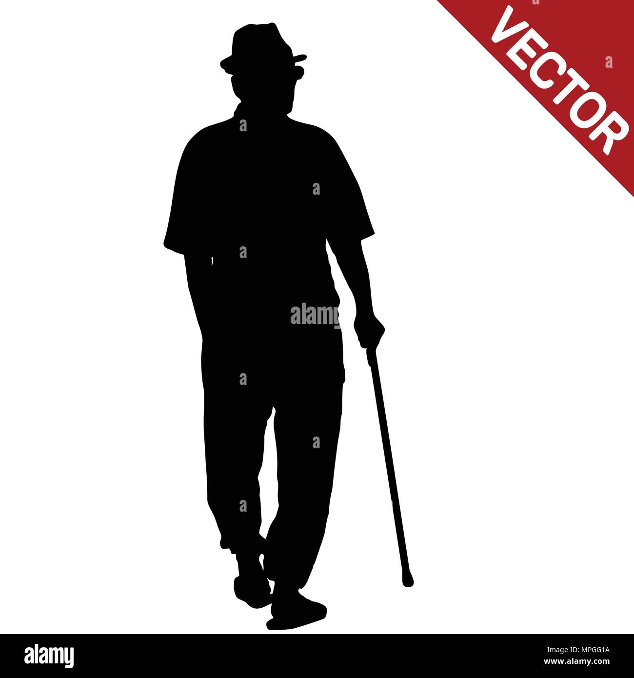 Old man silhouette with stick on white background, vector illustration ...