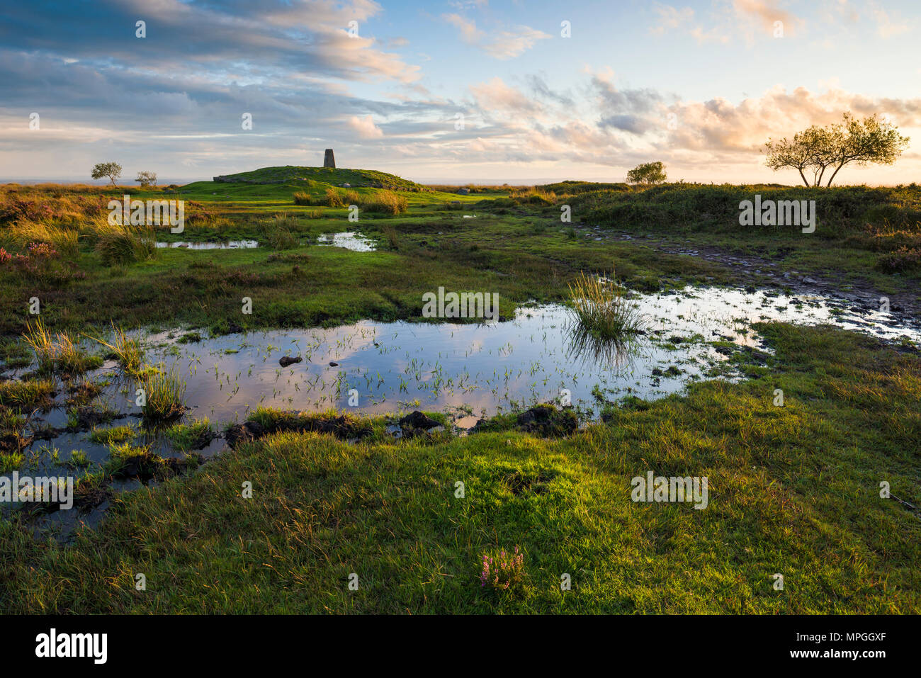 The trig point at Beacon Batch on Black Down in the Mendip Hills Area of Outstanding Natural Beauty, Somerset, England. Stock Photo