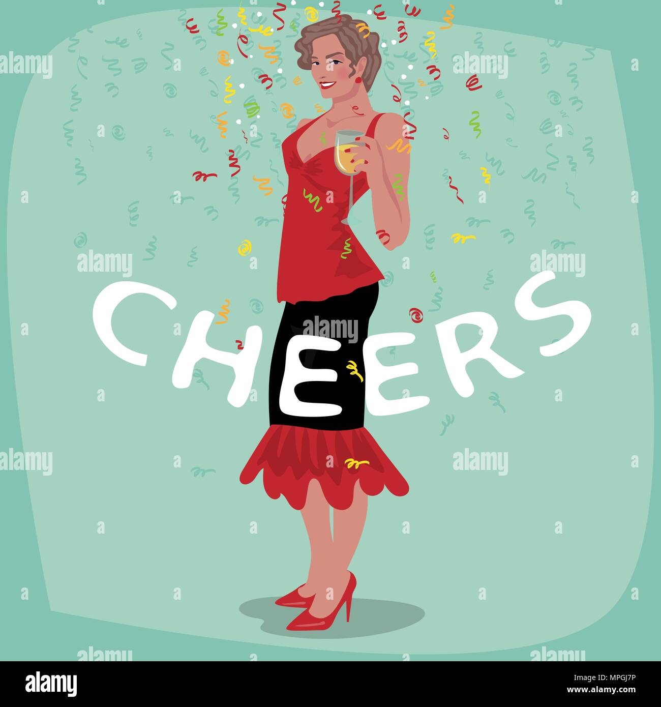 Attractive young girl in red dress welcome and raise her glass. Beautiful woman toasting. Invitation concept. Lettering Cheers. Simplistic realistic c Stock Vector