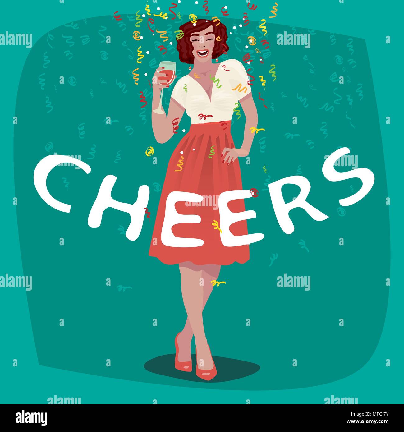 Attractive young girl in red skirt welcome and raise her glass. Beautiful woman toasting. Invitation concept. Lettering Cheers. Simplistic realistic c Stock Vector