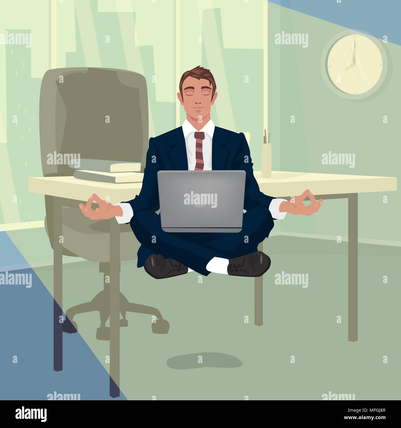 Man in business suit hovering in air, in lotus pose, in office, illuminated by sun light. Focus on work concept. Front face view. Simplistic realistic Stock Vector