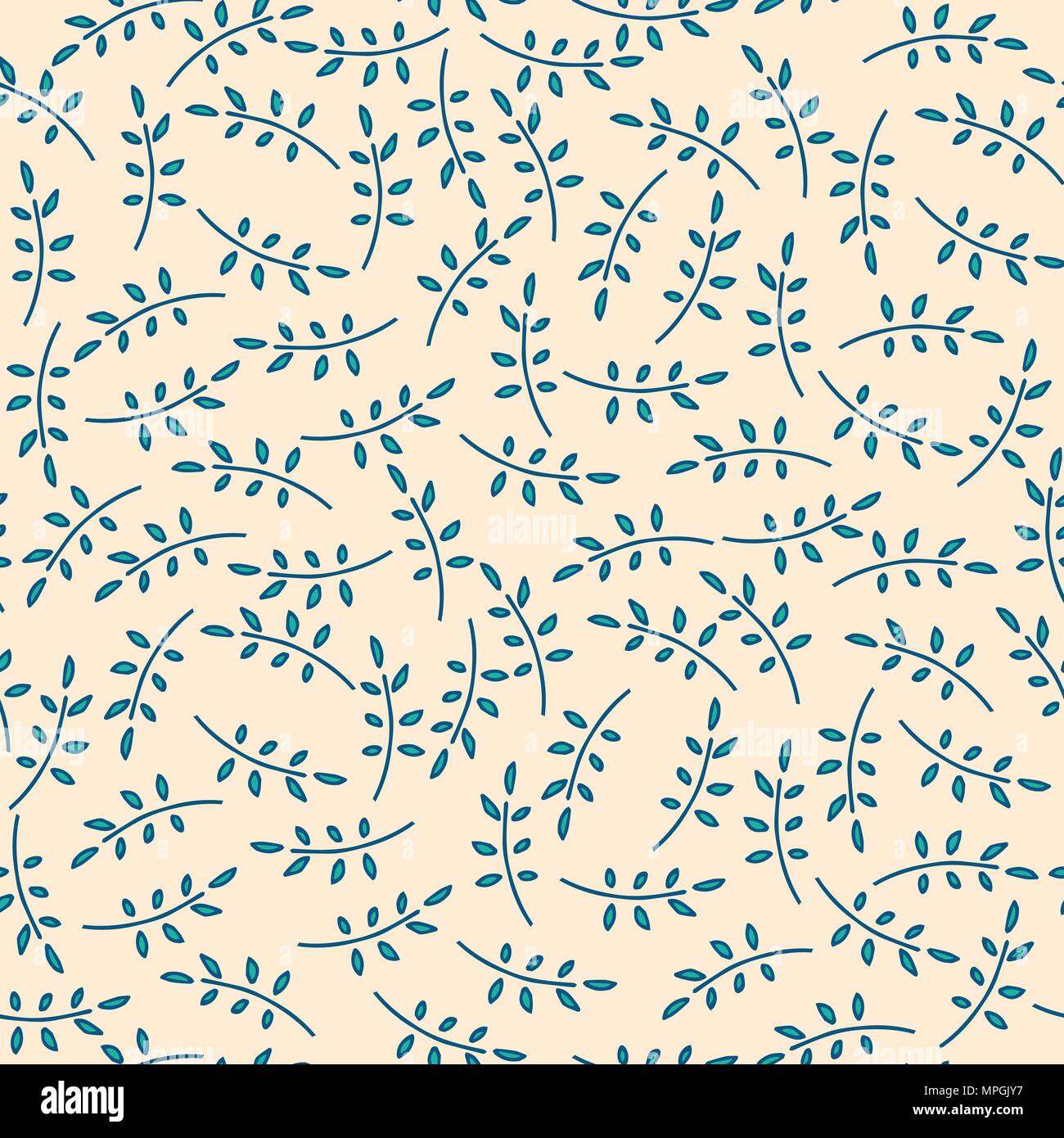 Seamless nature pattern with cute twigs in beige color. Foliage background with leaves in chaotic manner. Cartoon hand draw style Stock Vector