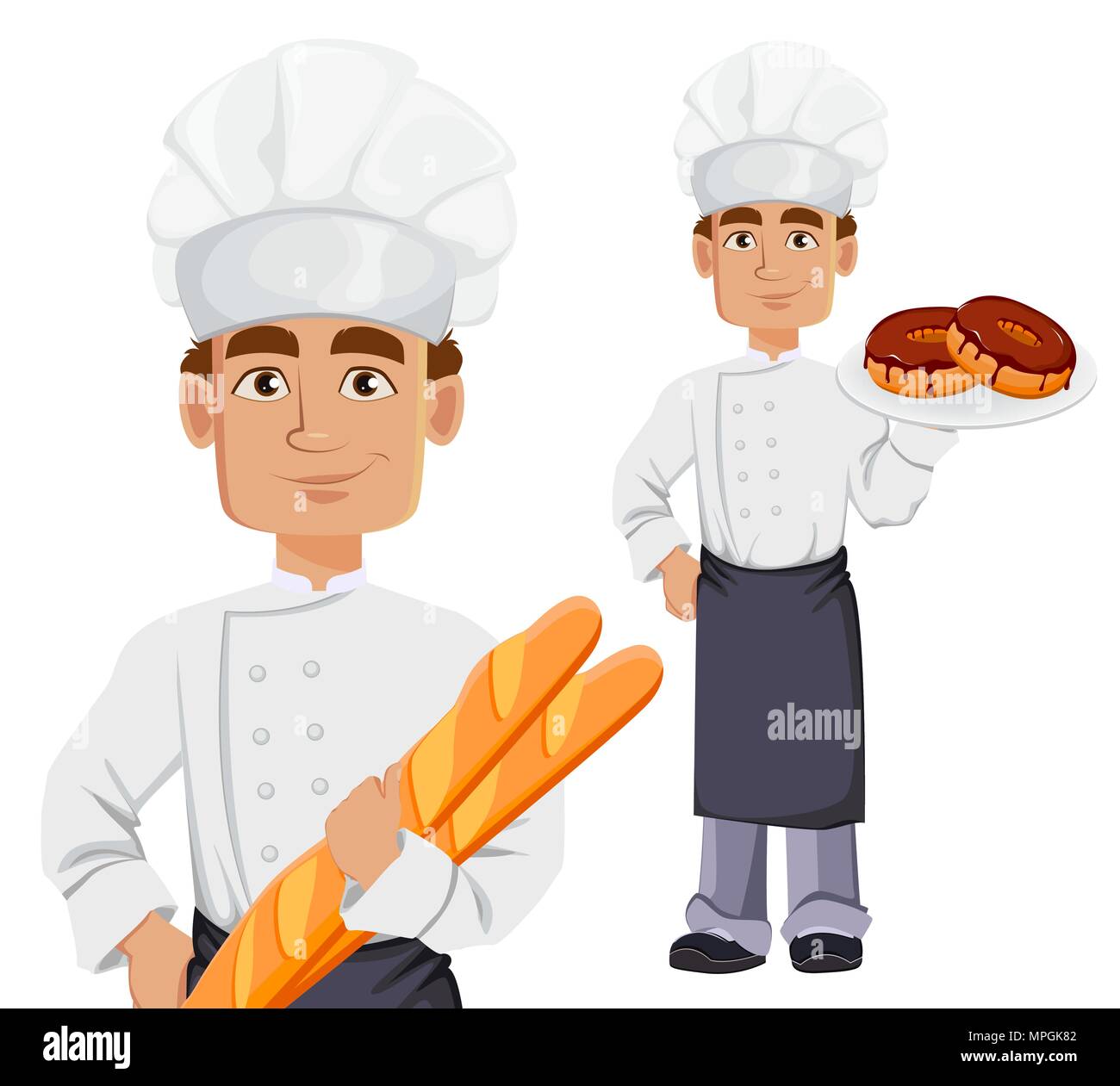 Handsome baker in professional uniform and chef hat, set. Cheerful cartoon character holding baguette and holding donuts. Vector illustration on white Stock Vector