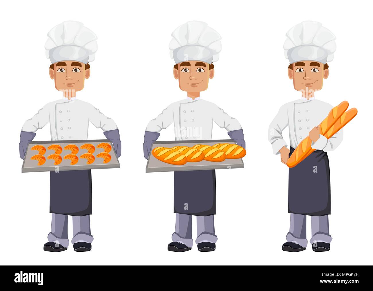 Cartoon of a cute Happy Pastry Chef, in a Chef uniform, with some kitchen  tools. This illustration is part of a collection of different professions  Stock Photo - Alamy