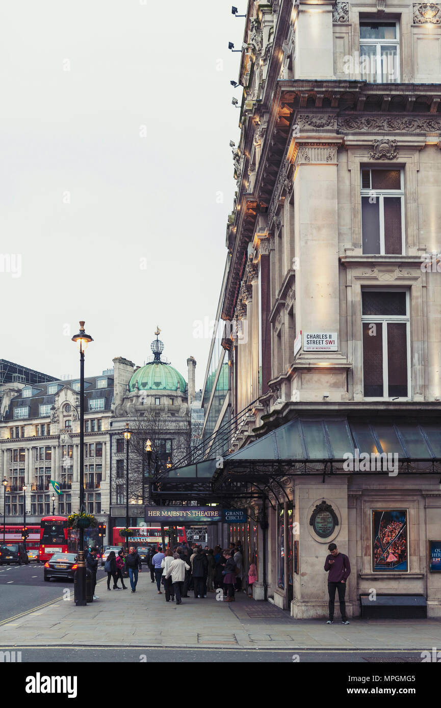 View of Haymarket Street in the City of Westminster, London, with lots of West End theatres, shops, and restaurants in old classic building Stock Photo