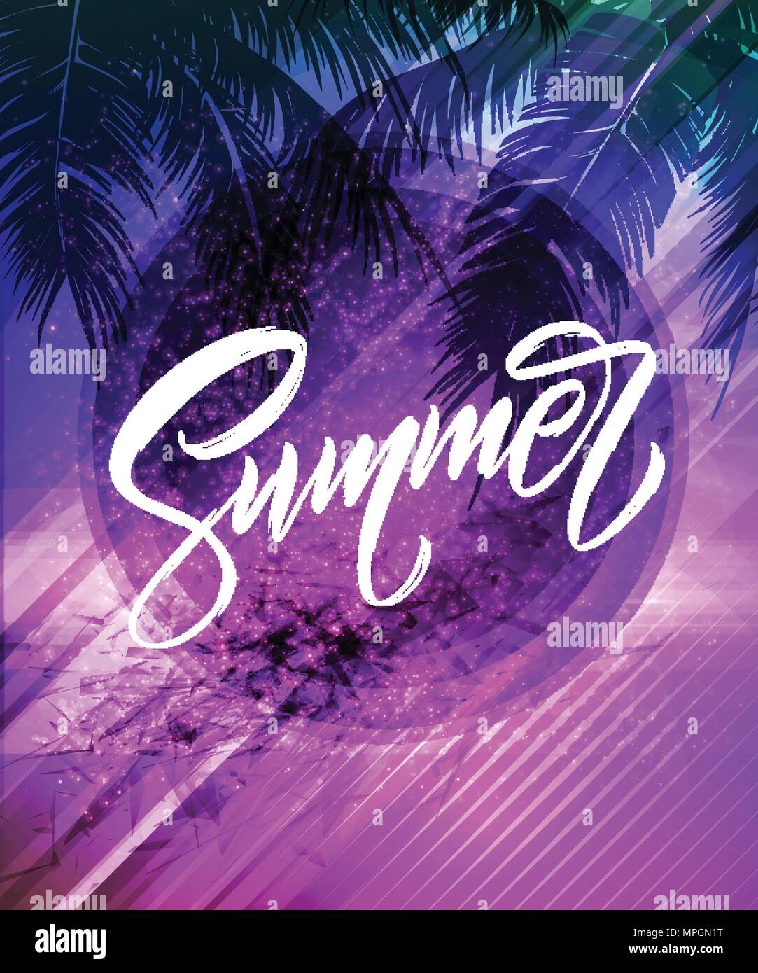 Summer lettering. Palm leaf and sea background. Vector illustration Stock Vector