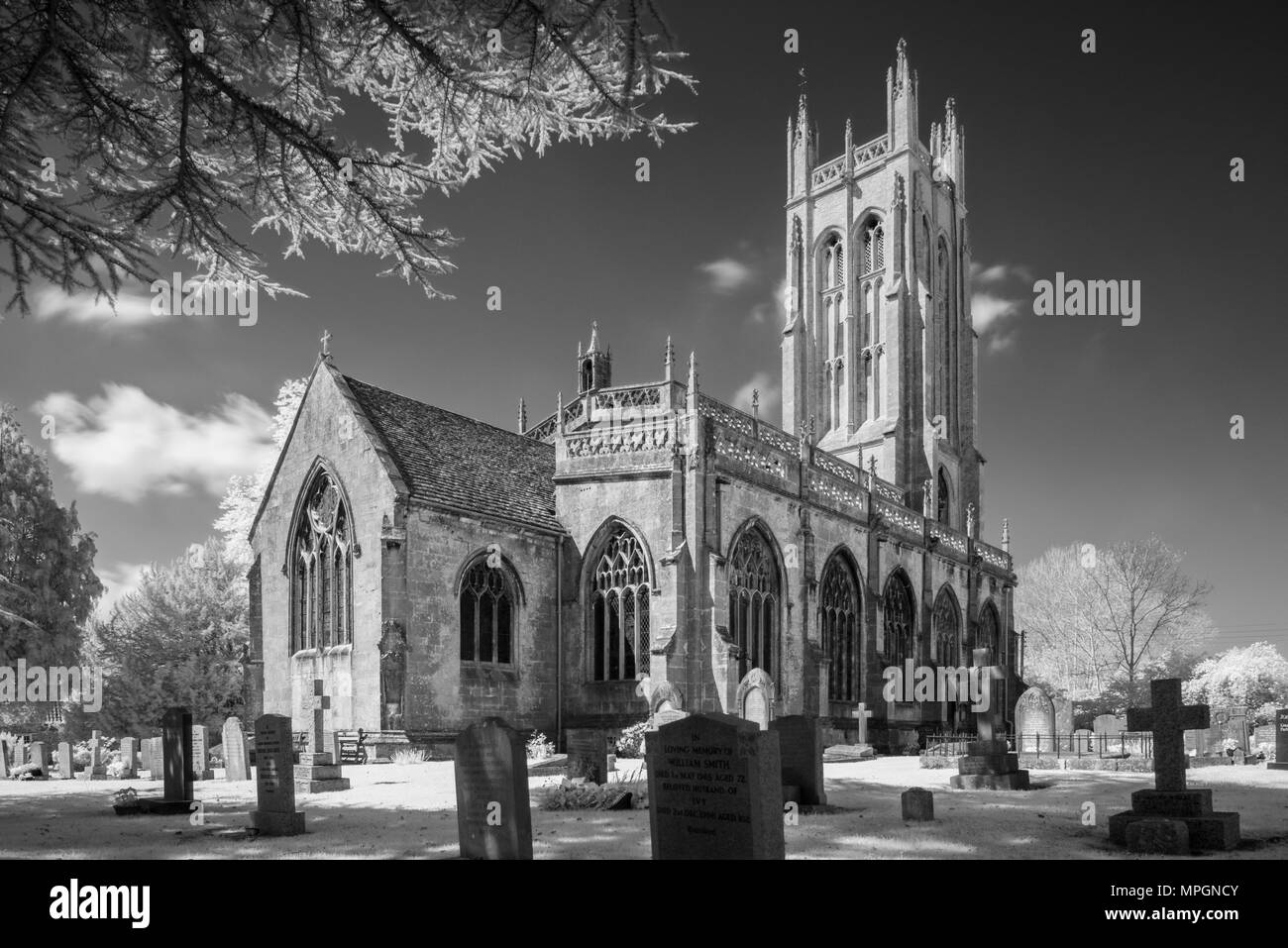 An infrared image of Wrington All Saints Church in North Somerset, England. Stock Photo