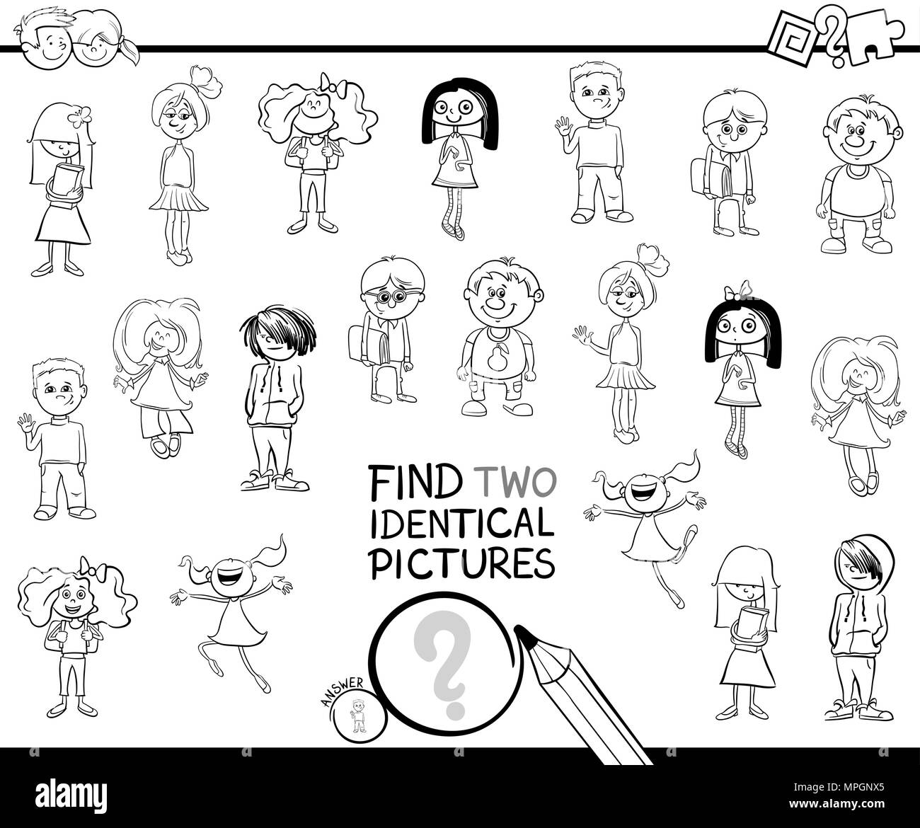 Black and White Cartoon Illustration of Finding Two Identical Pictures Educational Game for Kids with Girls and Boys Children Characters Coloring Book Stock Vector