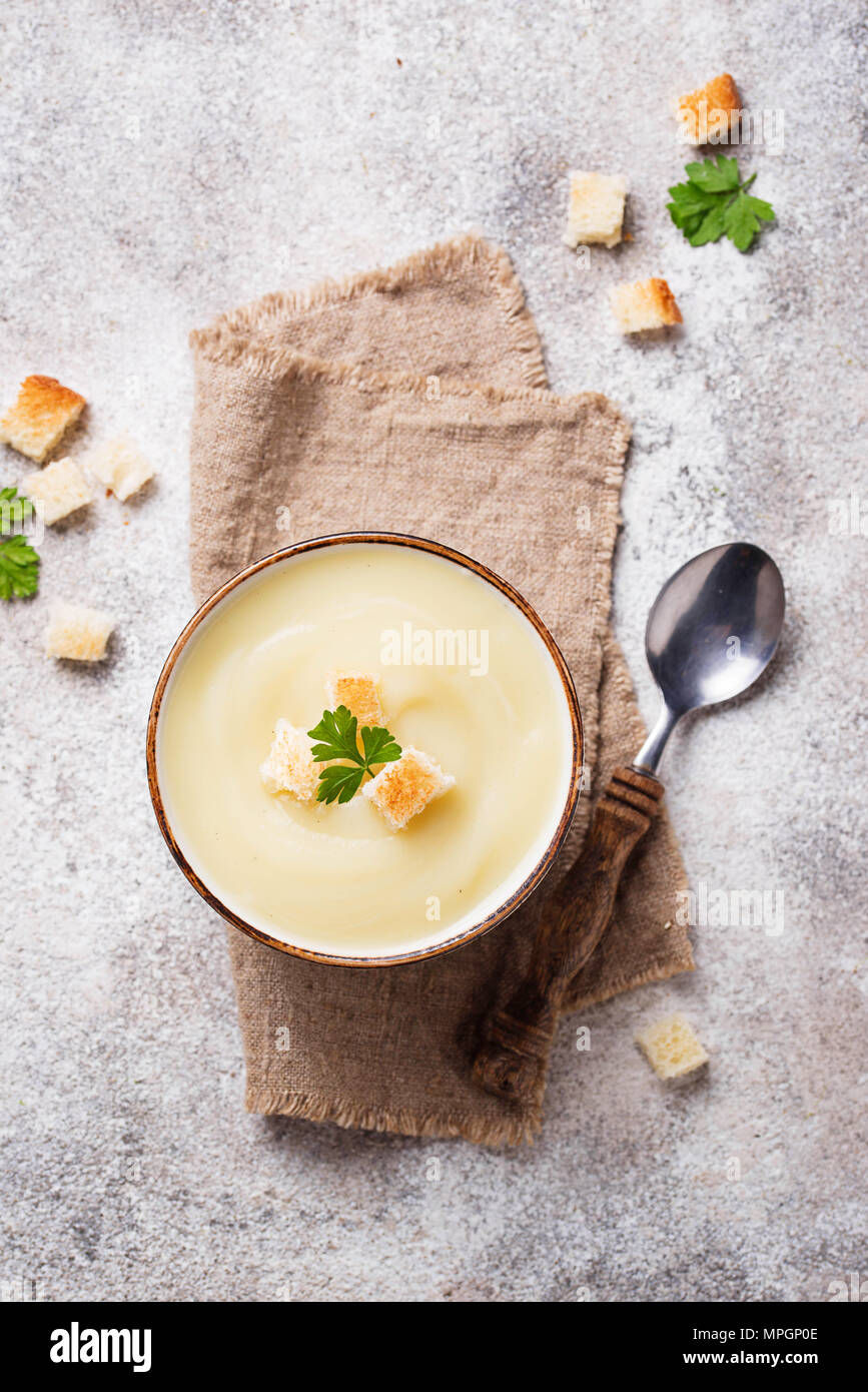 Cream soup with cauliflower and crouton Stock Photo