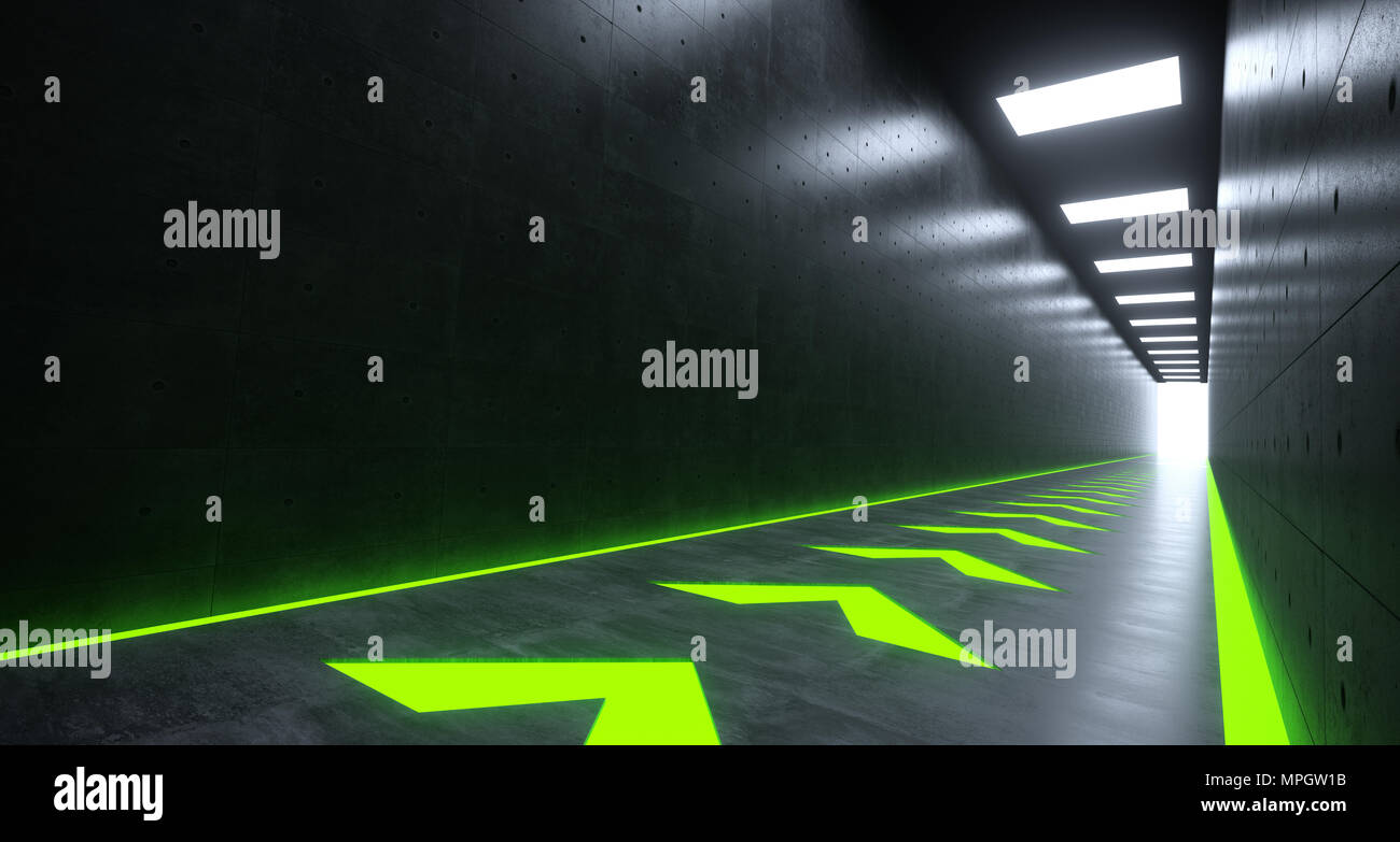 Futuristic Sci-FI Corridor With Green Front Pointing Arrows Lights And Reflections. 3D Rendering Stock Photo