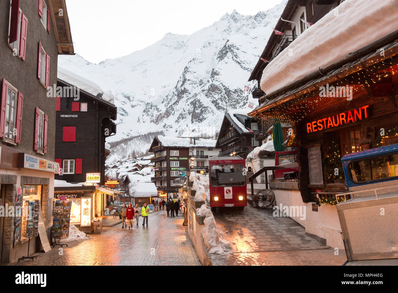winter dusk in Saas Fee, Switzerland Stock Photo Alamy