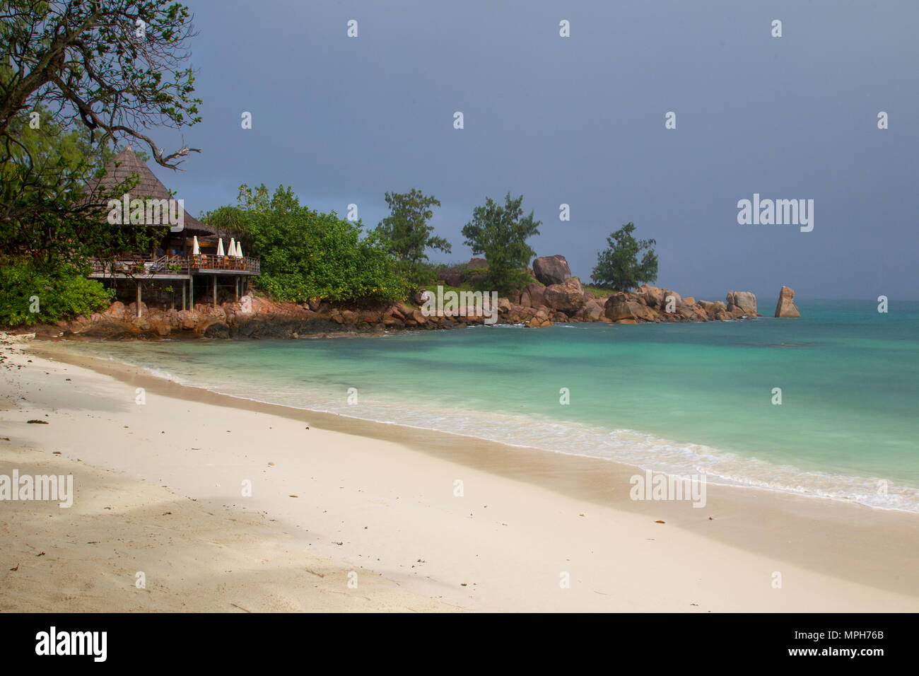 Tropical beach with granite rocks on Praslin, Seychelles. Stock Photo